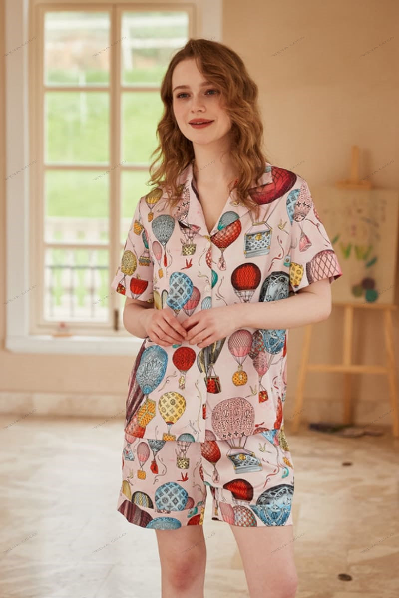 Hot Air Balloon Print Ice Silk Open-Front Short-Sleeve Pajama Set