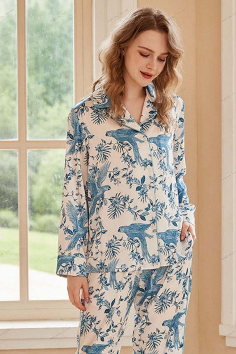 Parrot Print Ice Silk Lange Mouwen Pyjama Loungewear Set