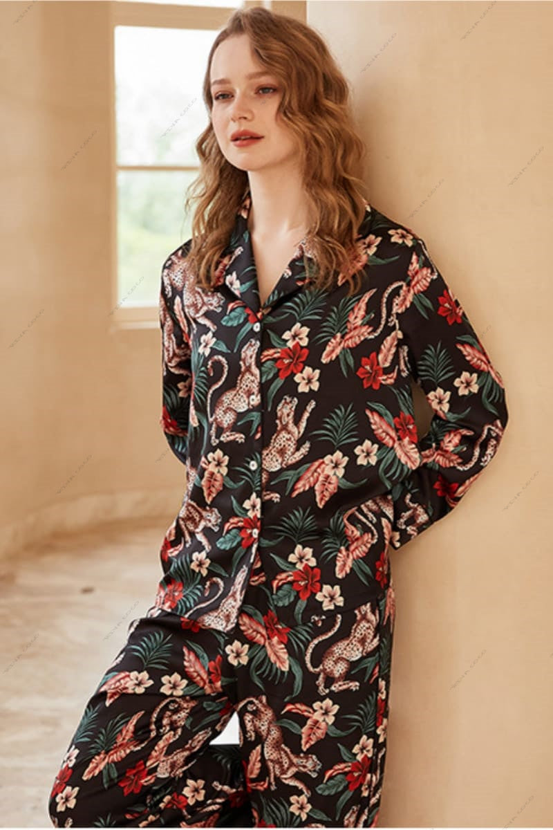 Jaguar and Floral Print Ice Silk Long-Sleeve Loungewear Set