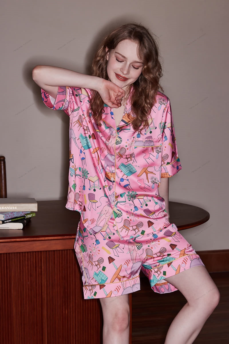Elephant and Furniture Print Ice Silk Short-Sleeve Loungewear Set