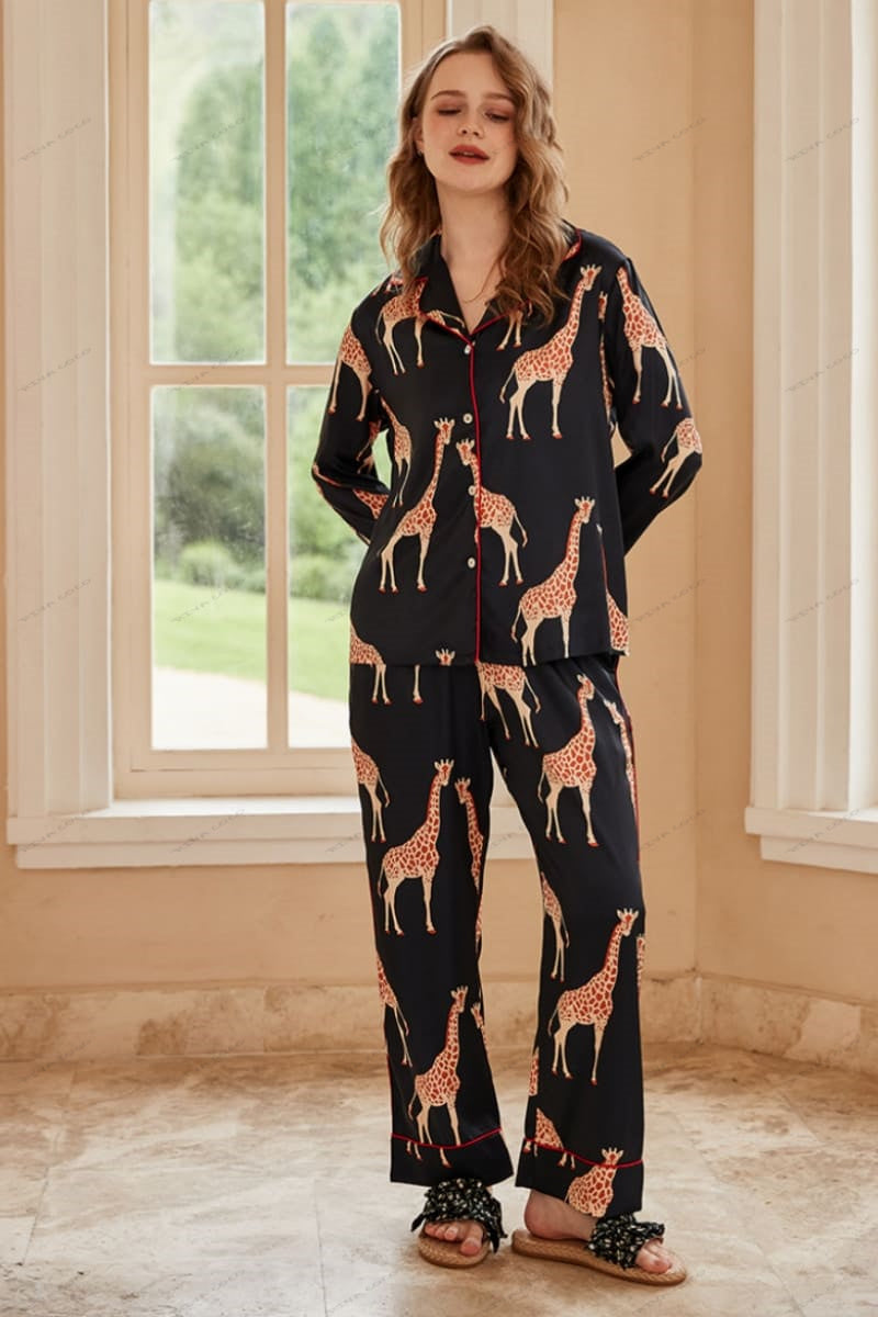 Black Giraffe Print Ice Silk Long-Sleeve Pajama Set