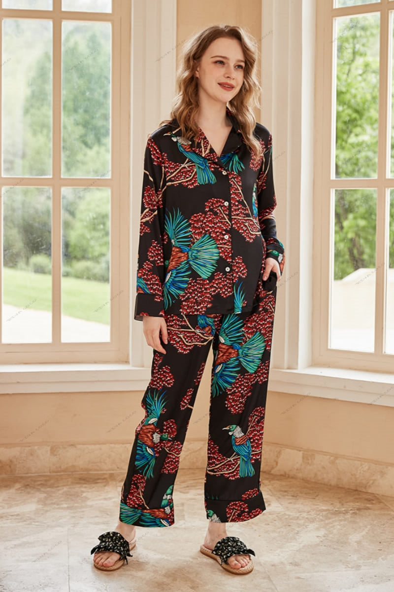 Bird of Paradise Pattern Ice Silk Long Sleeve Pajama Set