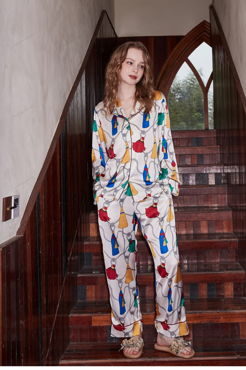 Fringed Pattern Ice Silk Long Sleeve Loungewear Set