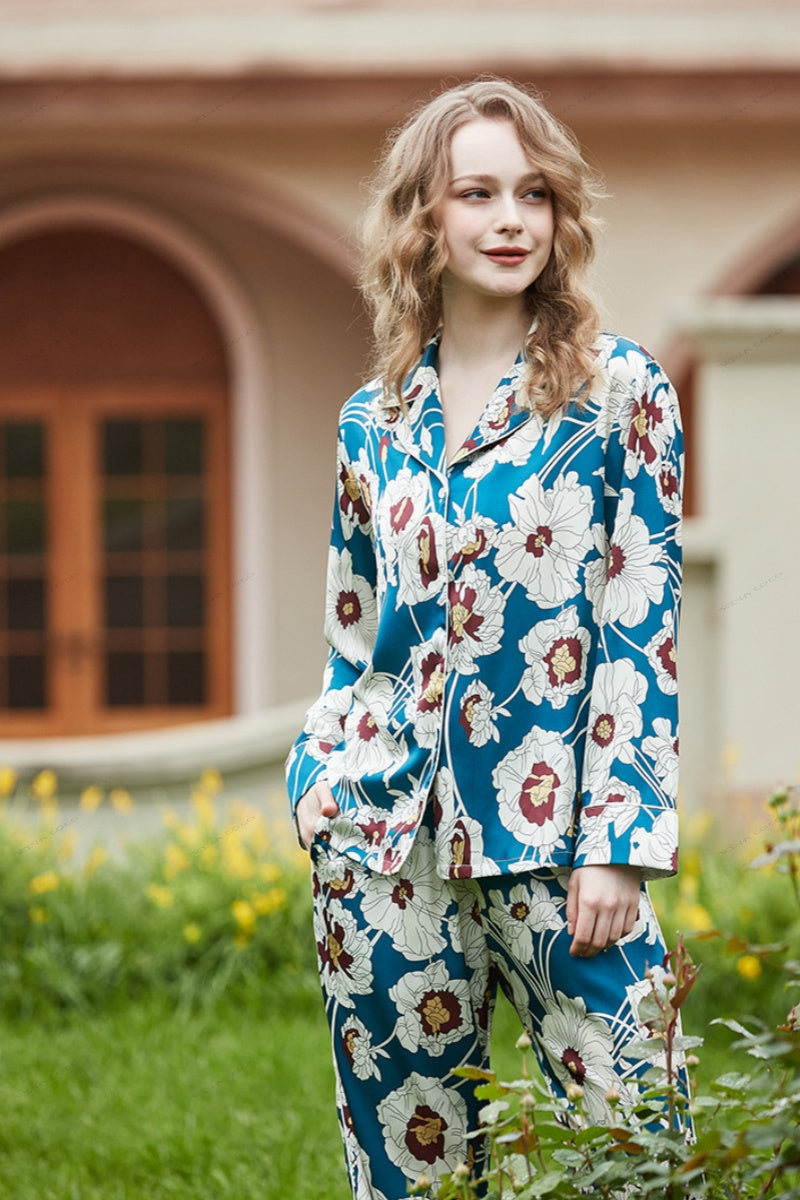 Blue Floral Pattern Ice Silk Long Sleeve Loungewear Set