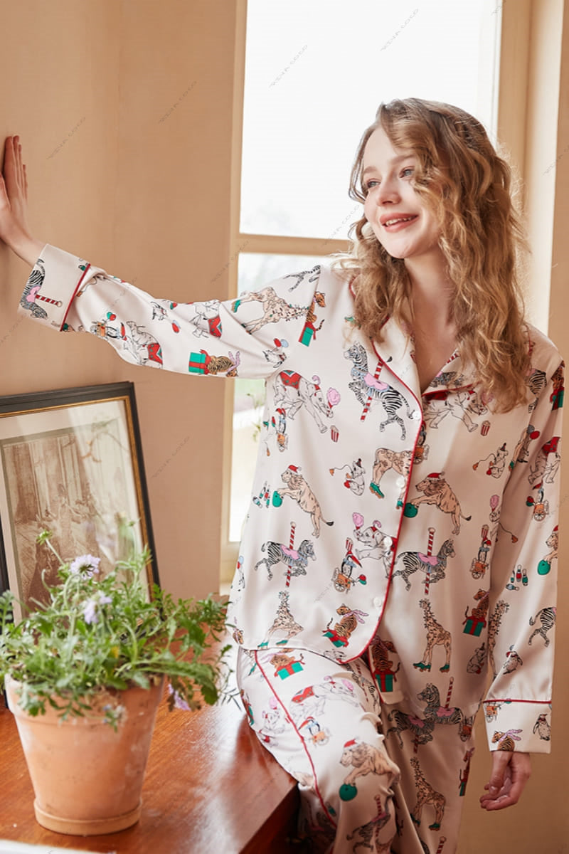 Circus Print Ice Silk Long Sleeve Loungewear Set