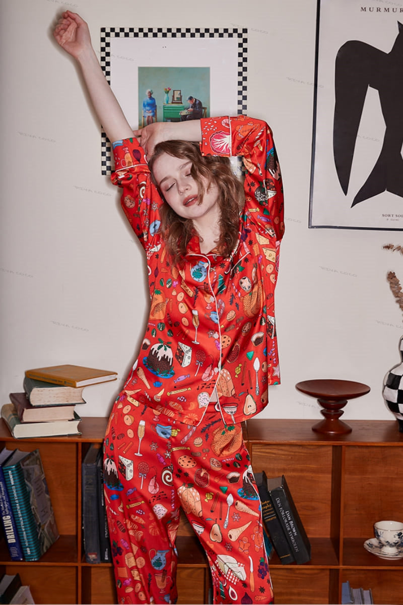 Dessert Print Long Sleeve Ice Silk Loungewear Set