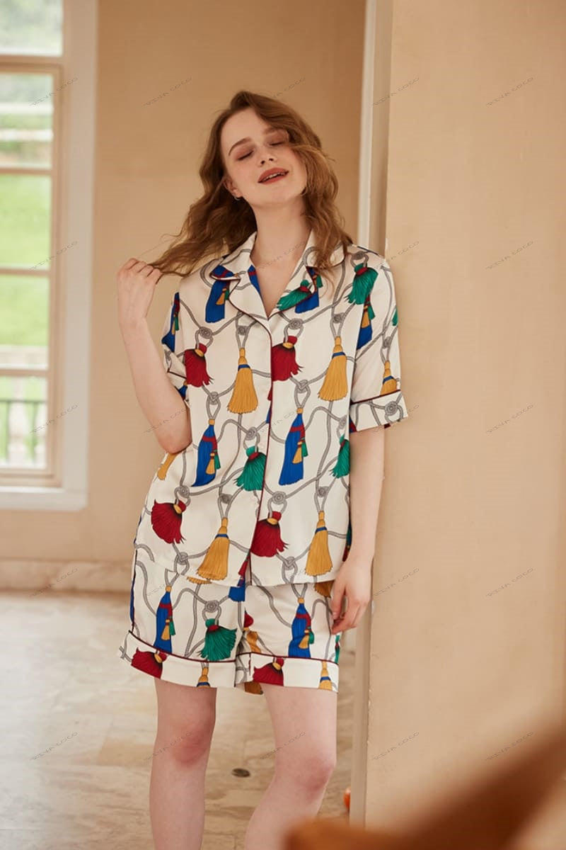 Fringe Pattern Ice Silk Short-Sleeve Loungewear Set