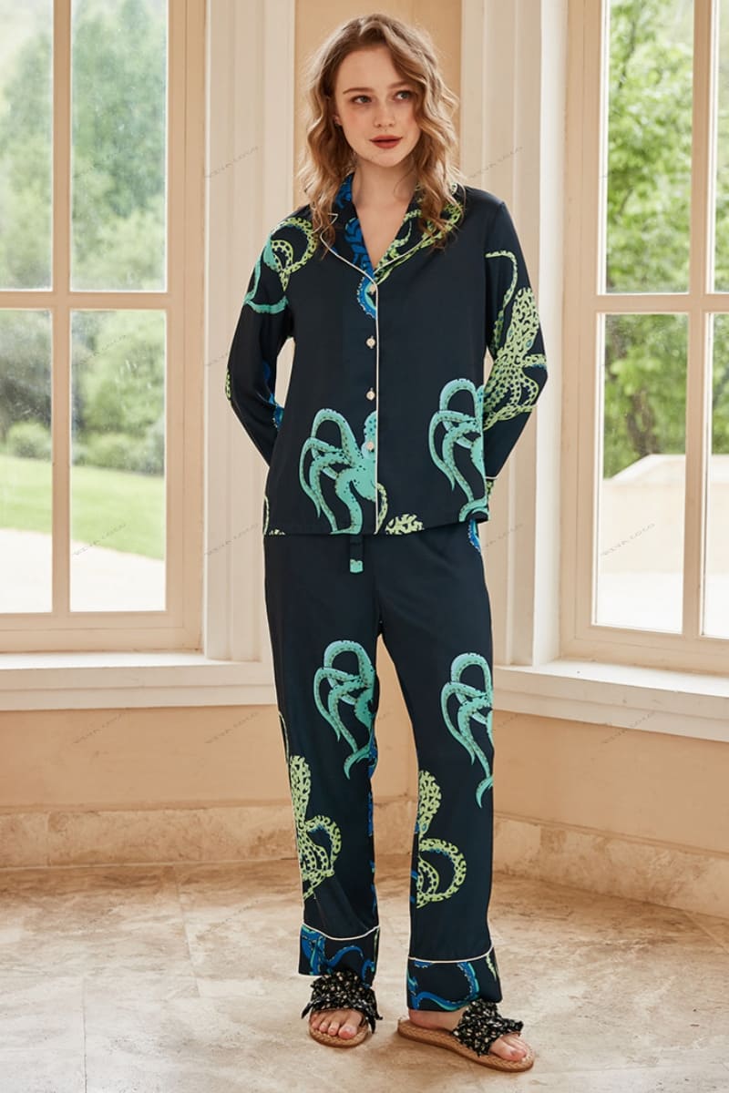 Octopus Print Ice Silk Lange Mouwen Pyjama Loungewear Set