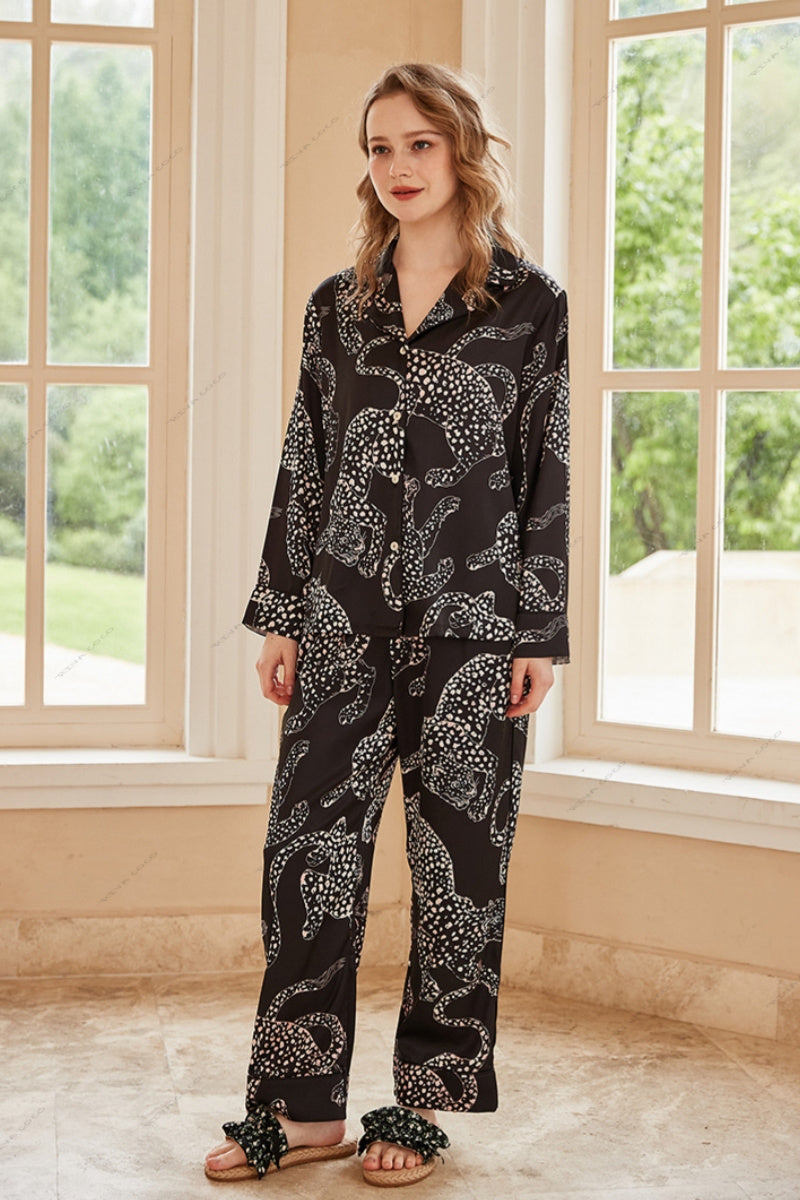 Black Jaguar Print Silk Ice Long-Sleeve Pajama Set