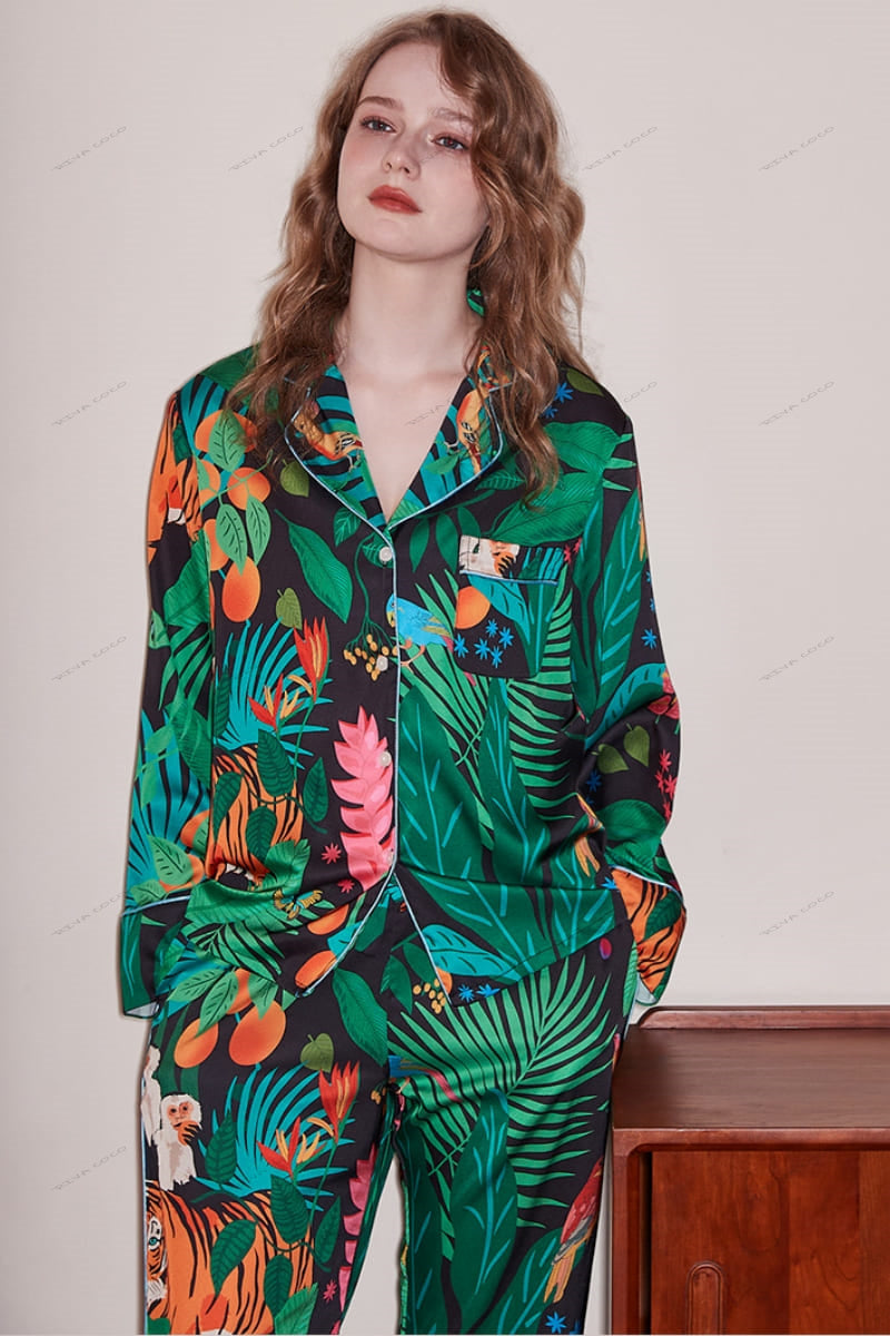 Tijger- en apenprint ijszijde loungewear set met lange mouwen