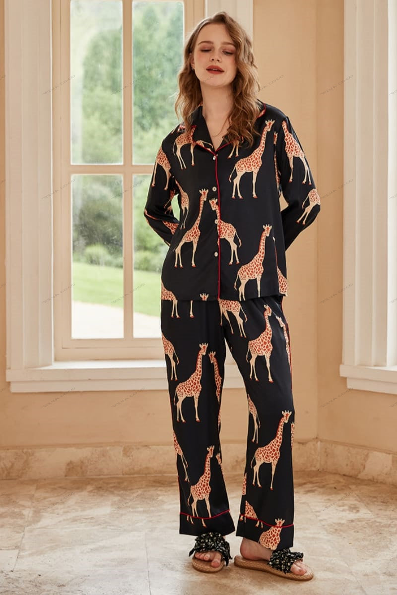 Giraffe Long Sleeve Ice Silk Casual Wear Set - Black