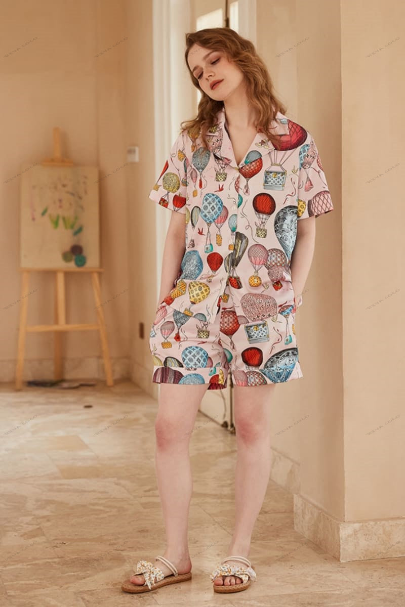 Hot Air Balloon Print Ice Silk Open-Front Short-Sleeve Pajama Set