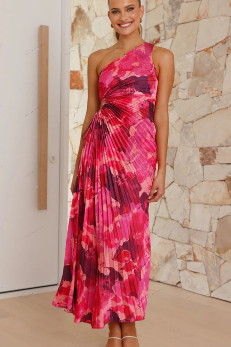 Geplooide een-schouder cut-out taille bloemenjurk