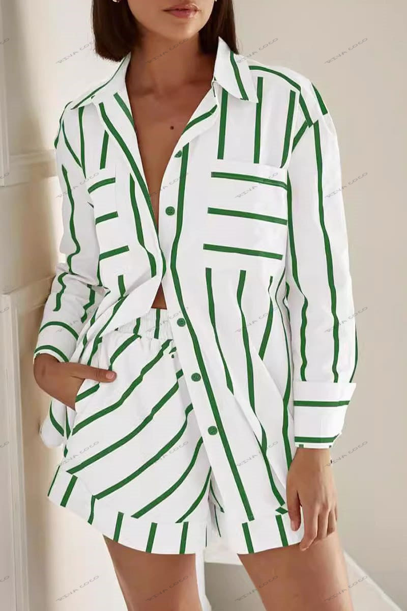 Stripe Colorblock Print Overhemd & Shorts Set
