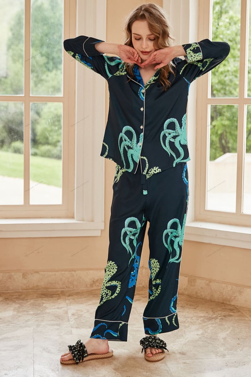 Octopus Print Ice Silk Lange Mouwen Pyjama Loungewear Set