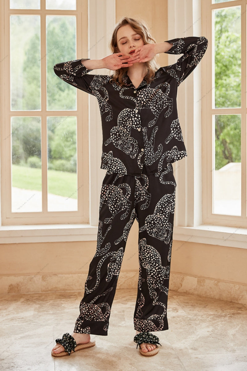 Black Jaguar Print Silk Ice Long-Sleeve Pajama Set