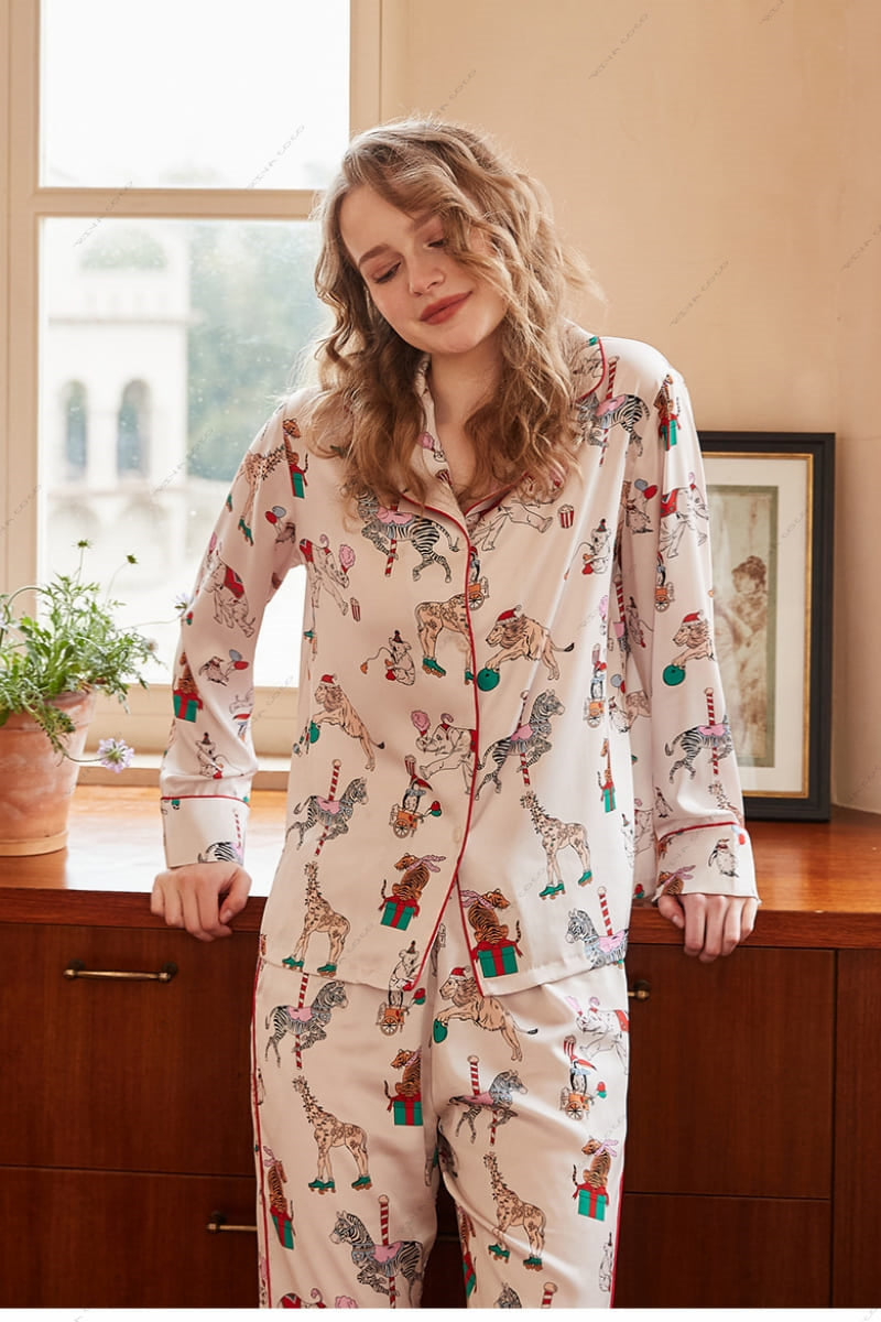 Circus Print Ice Silk Long Sleeve Loungewear Set