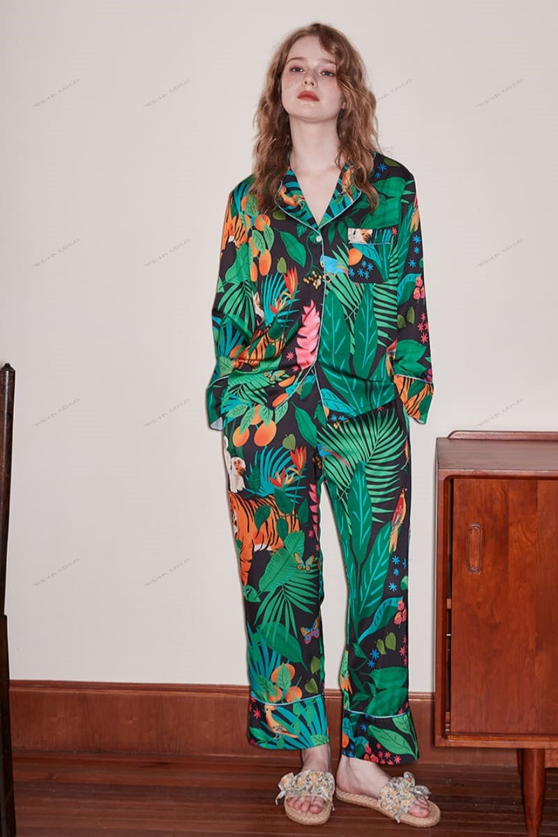 Tijger- en apenprint ijszijde loungewear set met lange mouwen