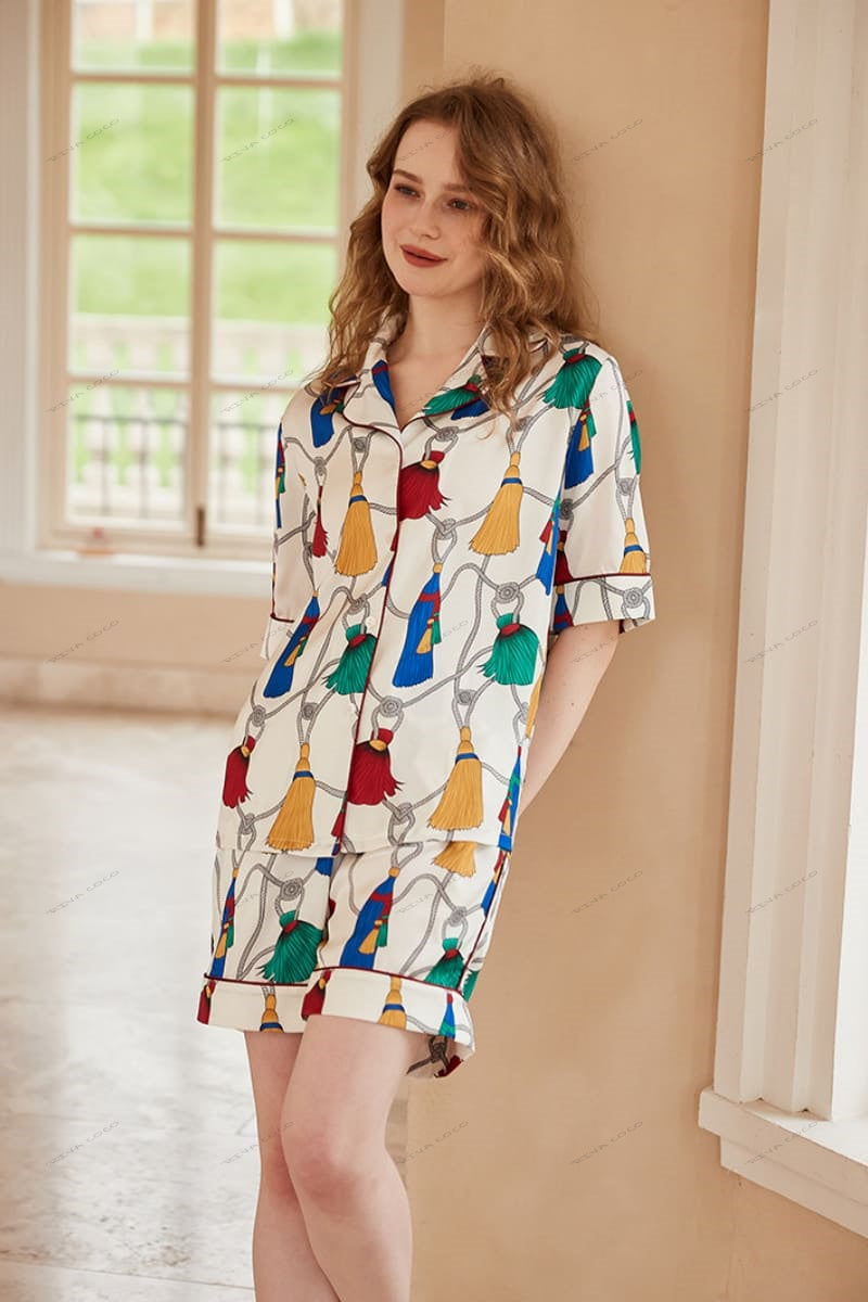 Fringe Pattern Ice Silk Short-Sleeve Loungewear Set