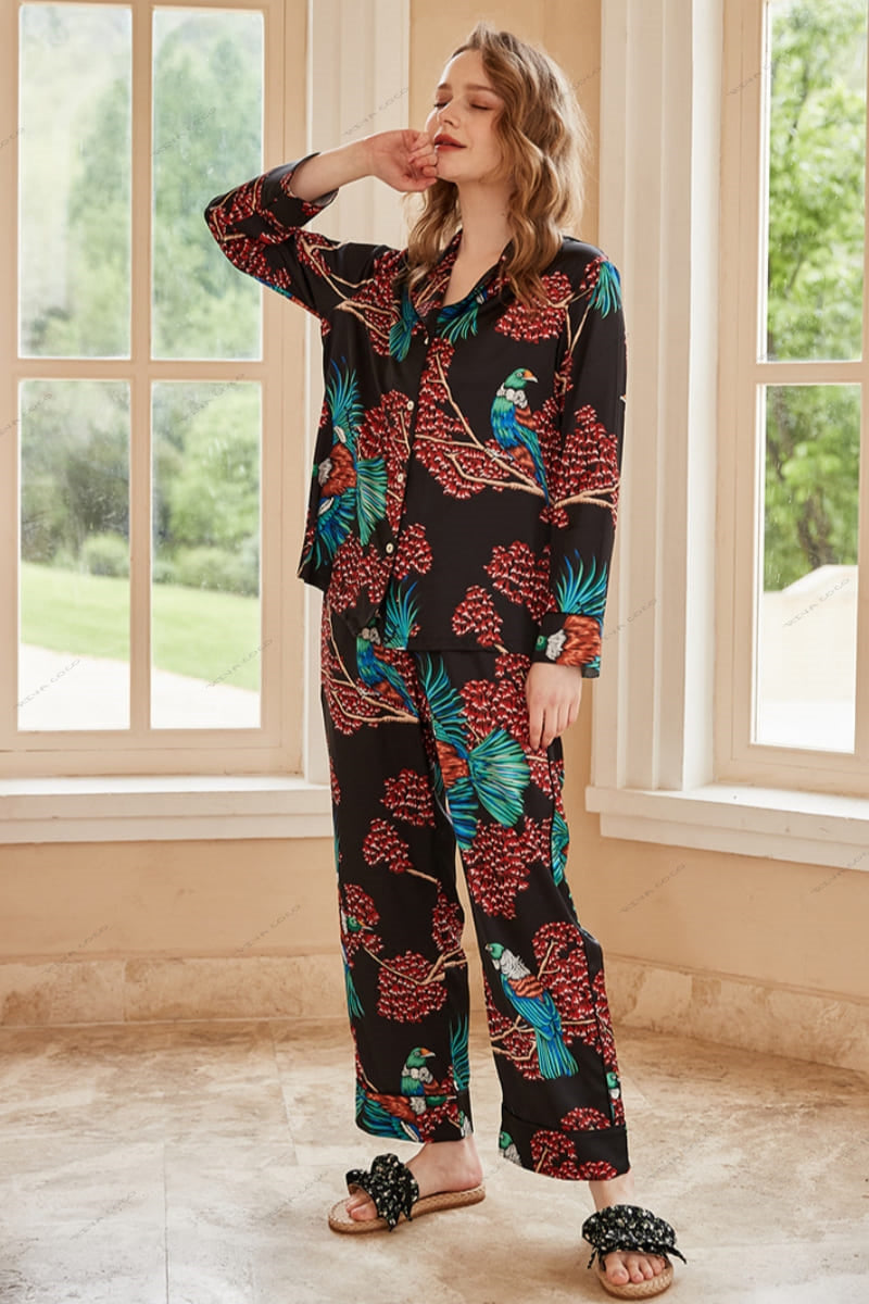 Bird of Paradise Pattern Ice Silk Long Sleeve Pajama Set