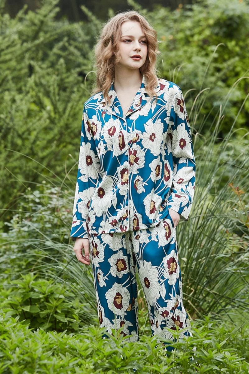 Blue Floral Pattern Ice Silk Long Sleeve Loungewear Set