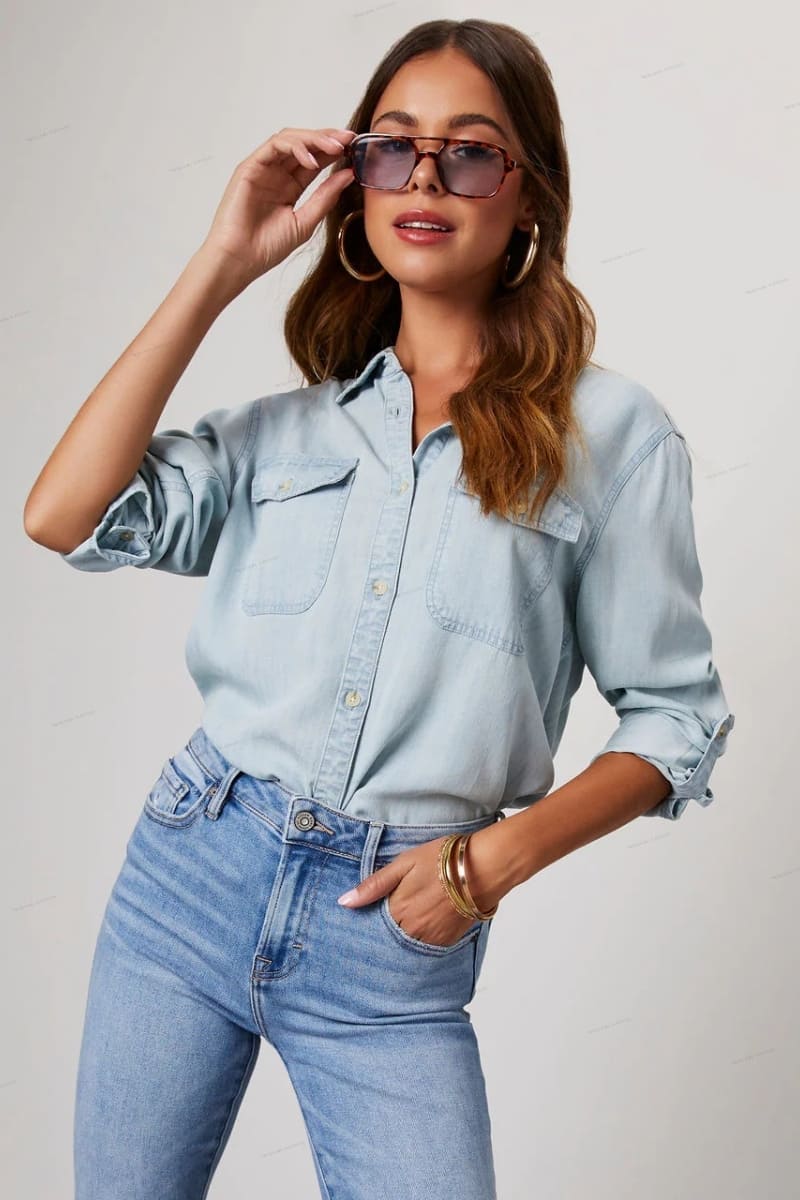 Button Down Roll-Tab Sleeve Denim Shirt