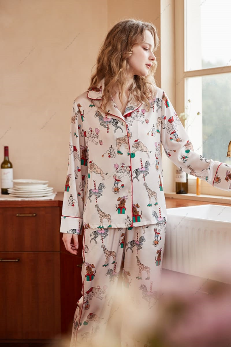 Circus Print Ice Silk Long Sleeve Loungewear Set