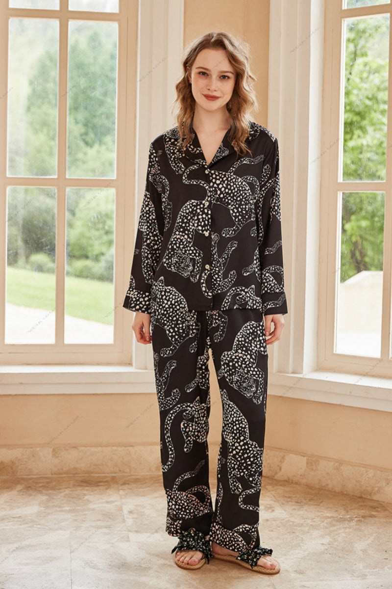 Black Jaguar Print Silk Ice Long-Sleeve Pajama Set