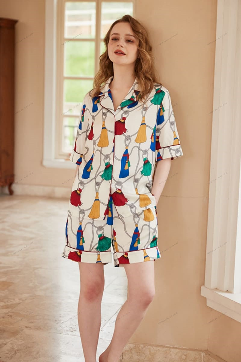 Fringe Pattern Ice Silk Short-Sleeve Loungewear Set