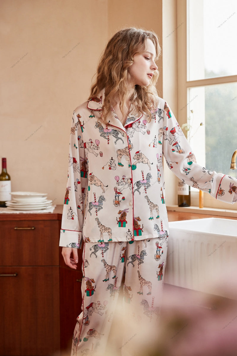 Circus Print Ice Silk Pajama Loungewear Set