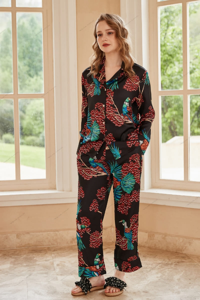 Bird of Paradise Pattern Ice Silk Long Sleeve Pajama Set