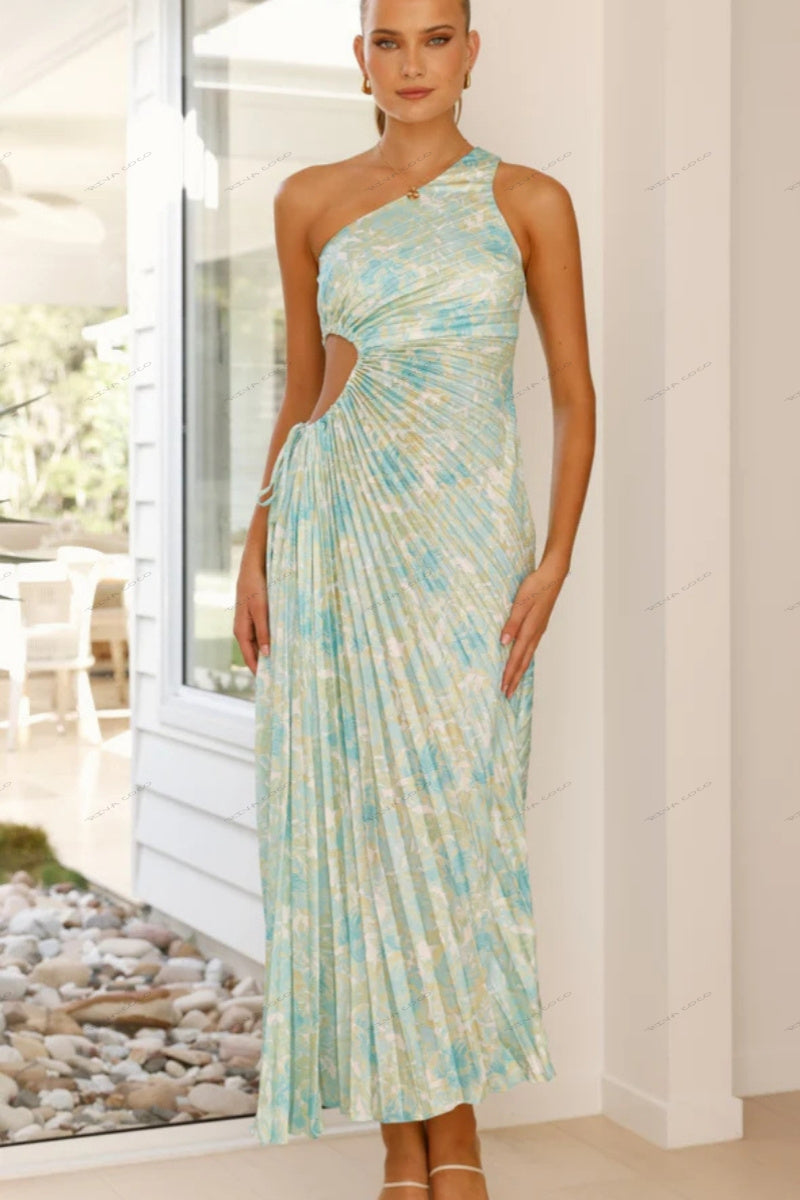 Geplooide een-schouder cut-out taille bloemenjurk