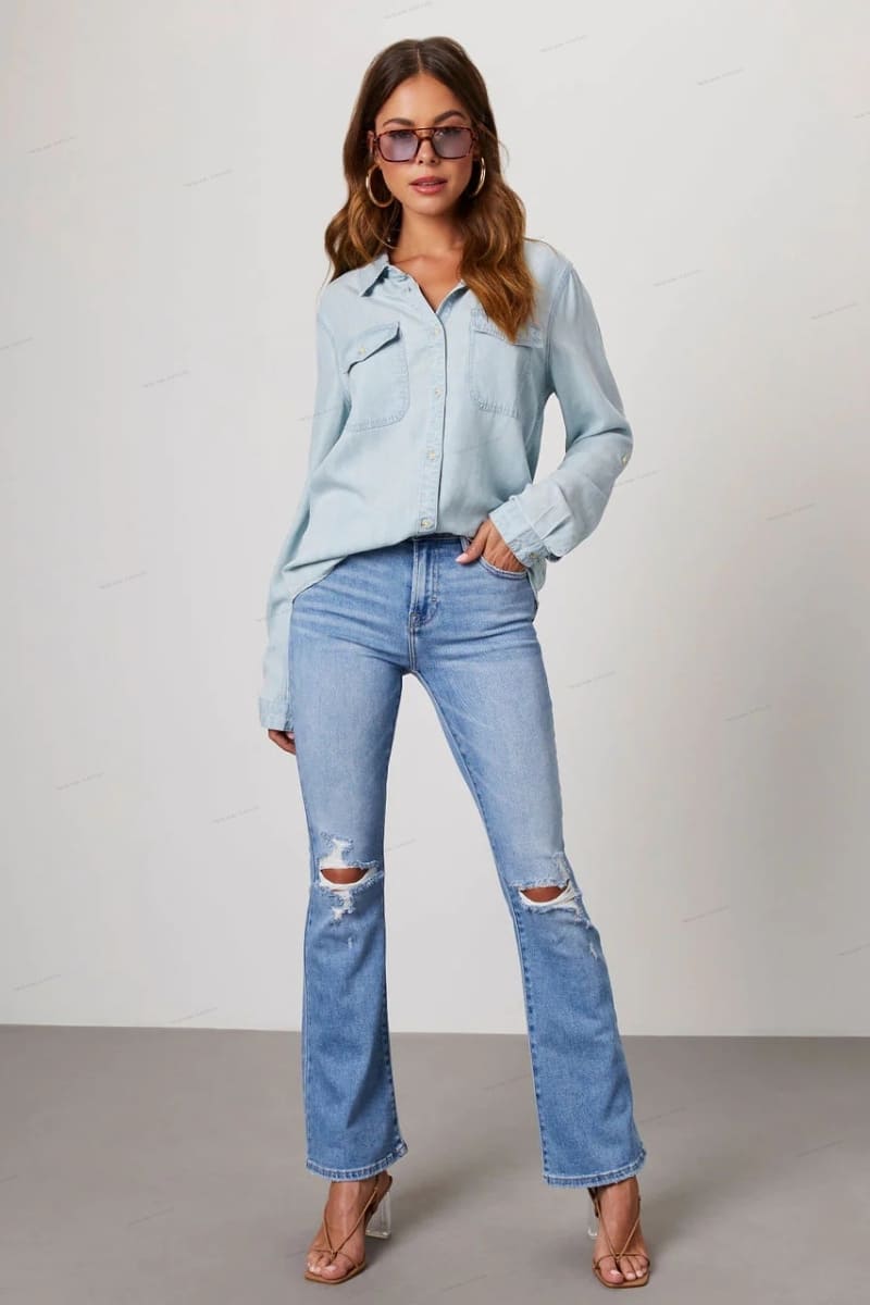 Button Down Roll-Tab Sleeve Denim Shirt