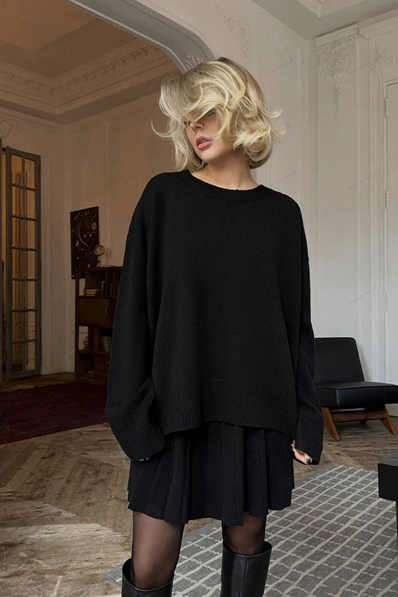 Set van effen kleur pullover met ronde hals trui en geplooide rok