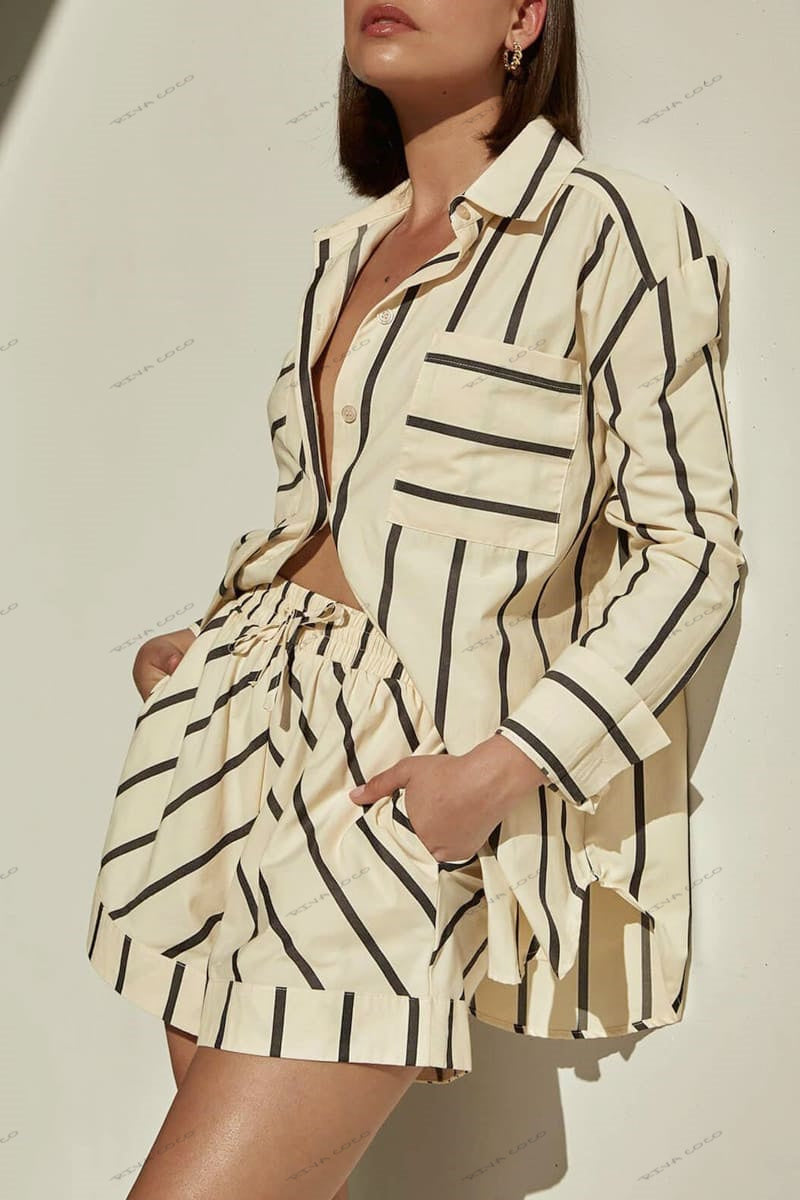 Stripe Colorblock Print Overhemd & Shorts Set