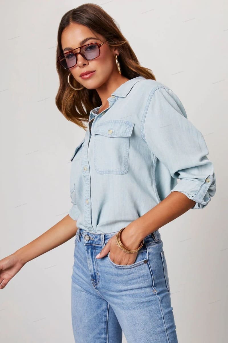 Button Down Roll-Tab Sleeve Denim Shirt