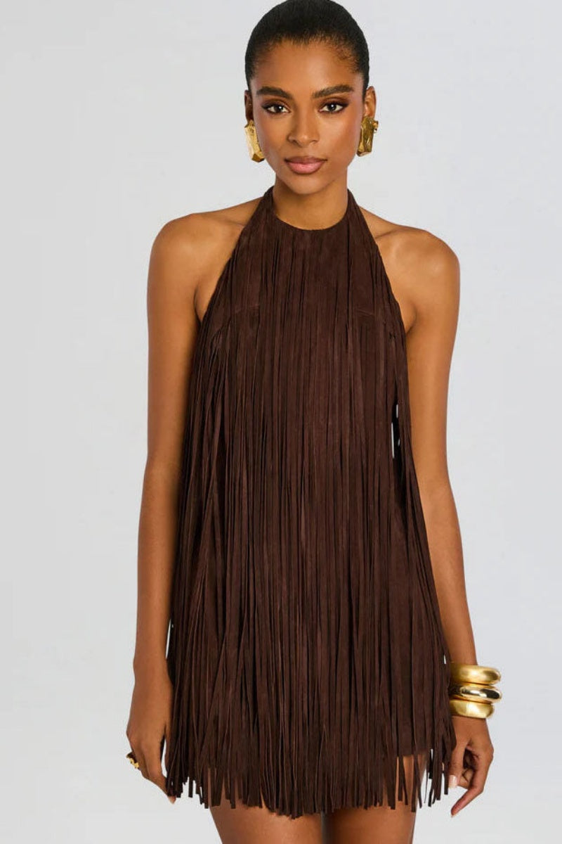 Mini abito in finta pelle scamosciata con nappine stile halter