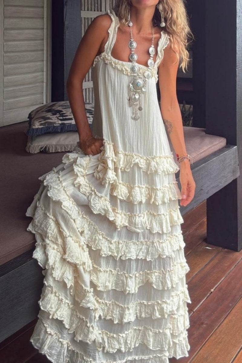 Böhmisches Maxikleid mit Stufen und Rüschen