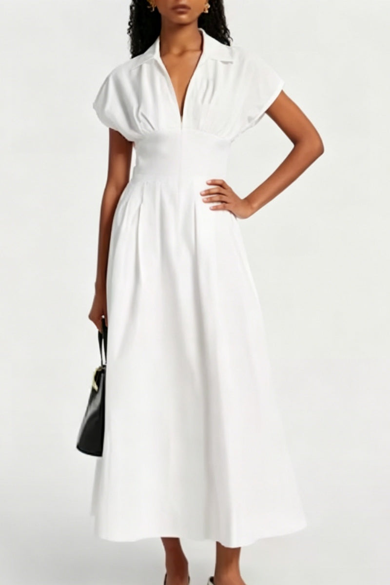 WHITE V-NECK PUFF SLEEVE MIDI DRESS