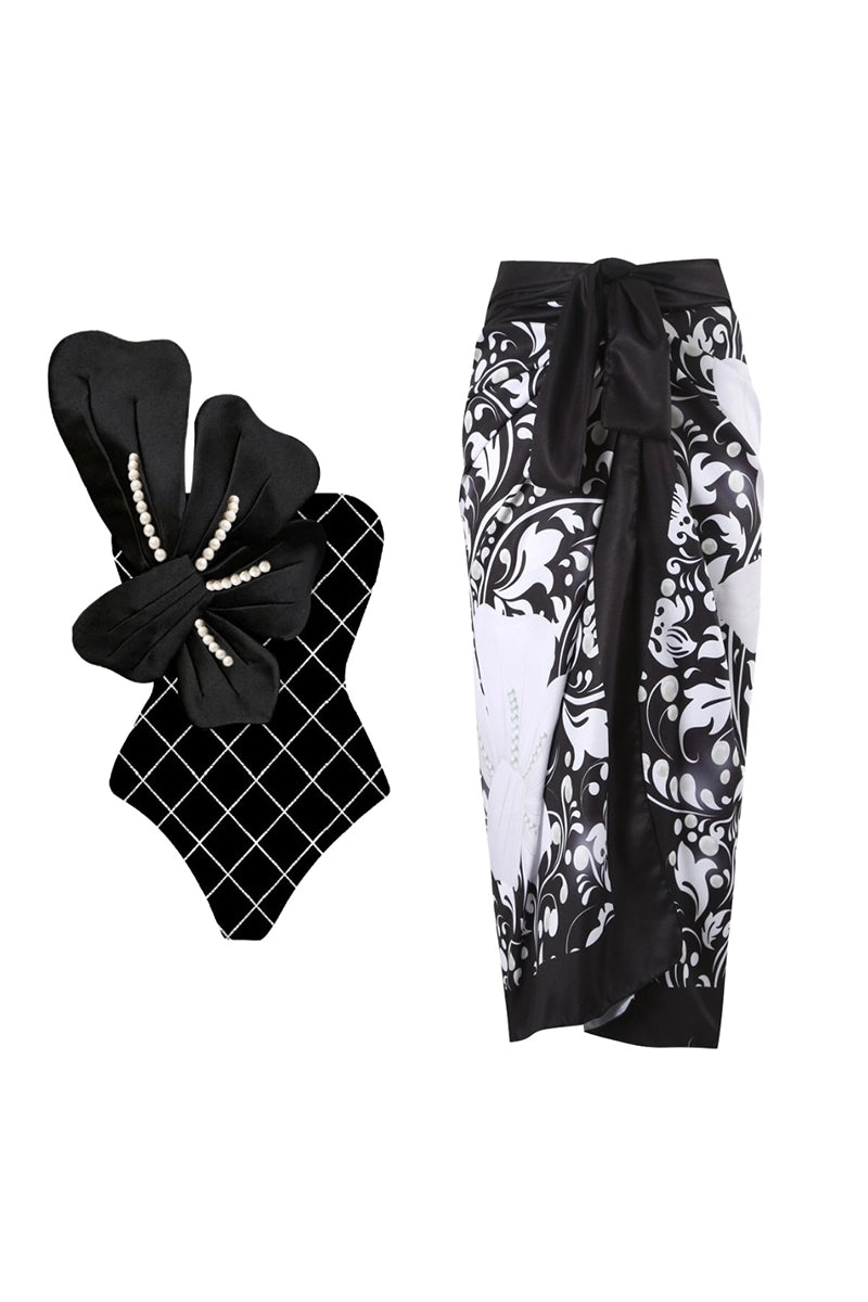 Pearl Floral Black Print Swimsuit Set