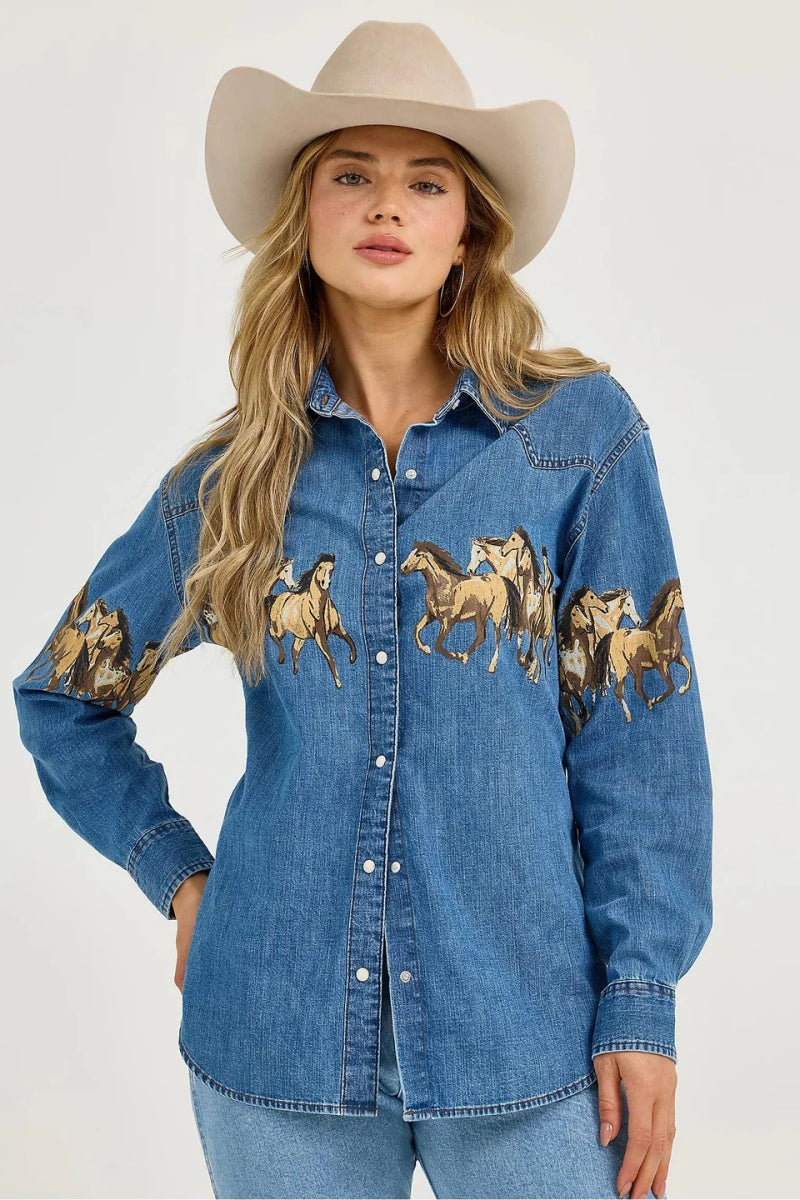 Relaxte pasvorm spijkerblouse met lange mouwen en drukknopen