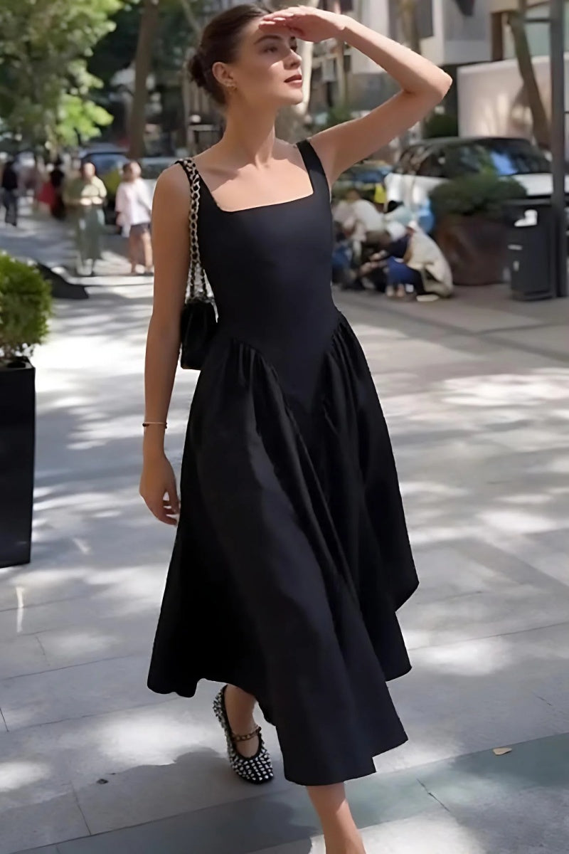 Black Square Neck Back Bow Midi Dress