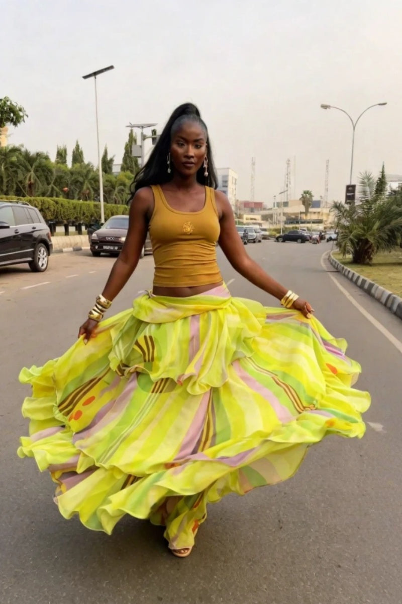 Lemon Yellow Abstract Ruffle Wrap Skirt