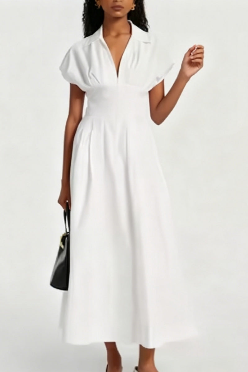 WHITE V-NECK PUFF SLEEVE MIDI DRESS