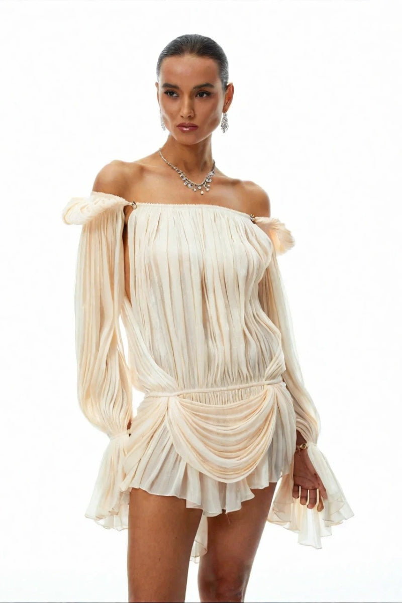 Draped Off-Shoulder Mini Goddess Dress