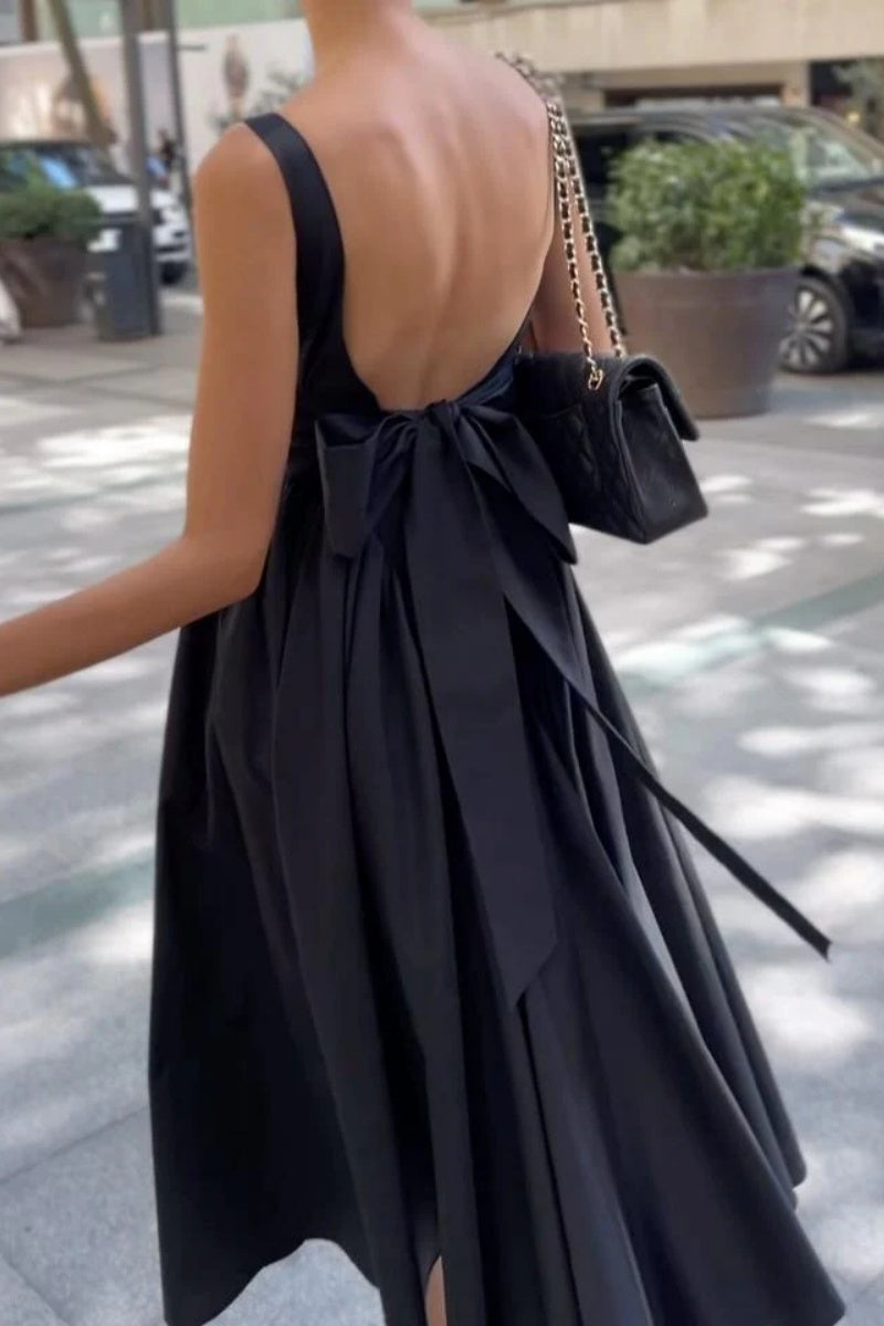 Black Square Neck Back Bow Midi Dress