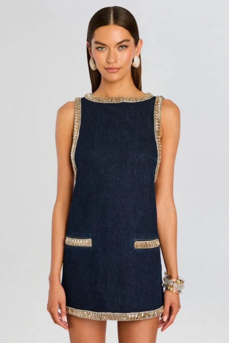 Navy Denim Crystal Trim Shift Mini Dress