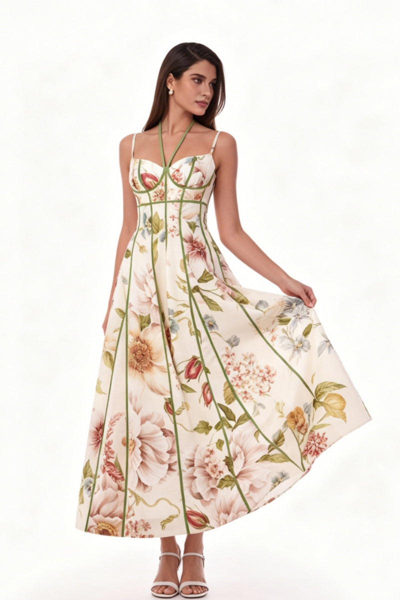 Krämfärgad blommig korsett-bustier midiklänning