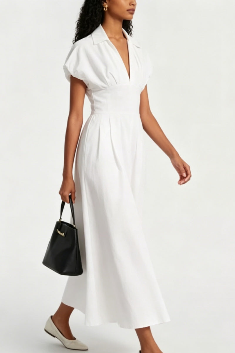 WHITE V-NECK PUFF SLEEVE MIDI DRESS