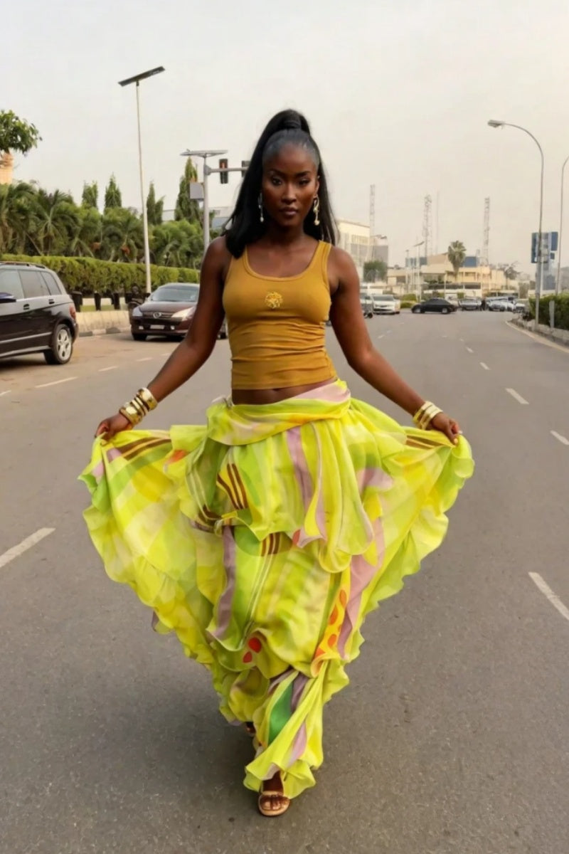 Lemon Yellow Abstract Ruffle Wrap Skirt